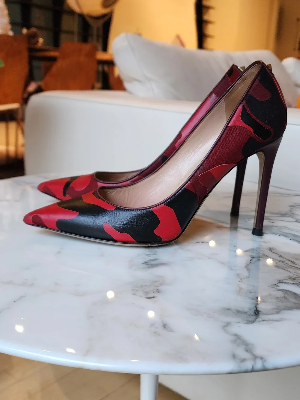 Valentino Rockstud Red & Black Camoflauge Leather Pumps Size 37.5